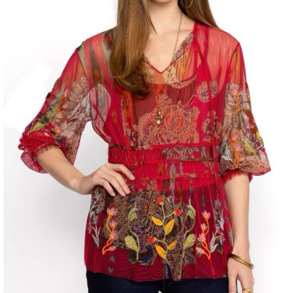 Johnny Was Tops - NEW Johnny Was Feather Lark Mesh Blouse Floral Embroidered Red w/ Camisole XL